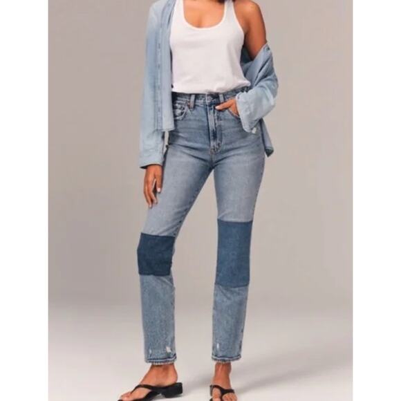 Abercrombie & Fitch The Ankle Straight Leg Jeans Ultra High Rise Patch, Blue